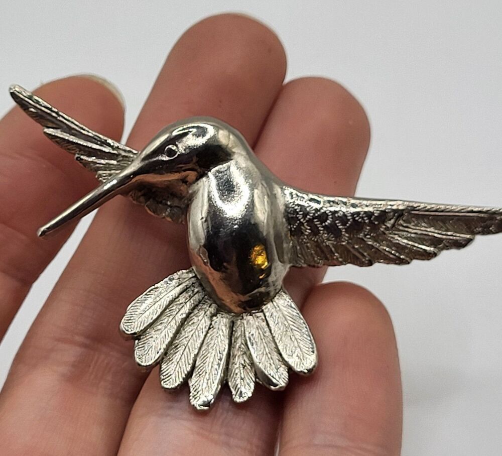 Beautiful Vintage Pewter Hummingbird Pin 2.5in